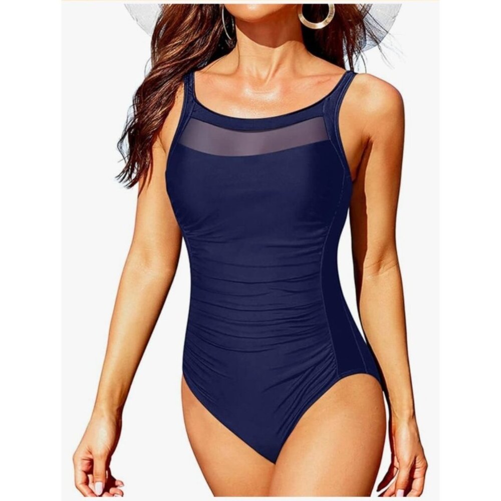 Tempt Me Womens Navy One Piece Swimsuit Size Small Mesh Insert & Ruched Design